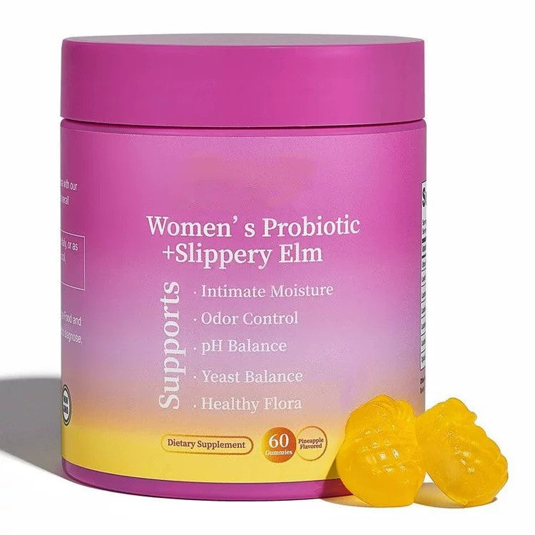 GummyBloom Women's Probiotic + Slippery Elm gummies jar with two pineapple gummies